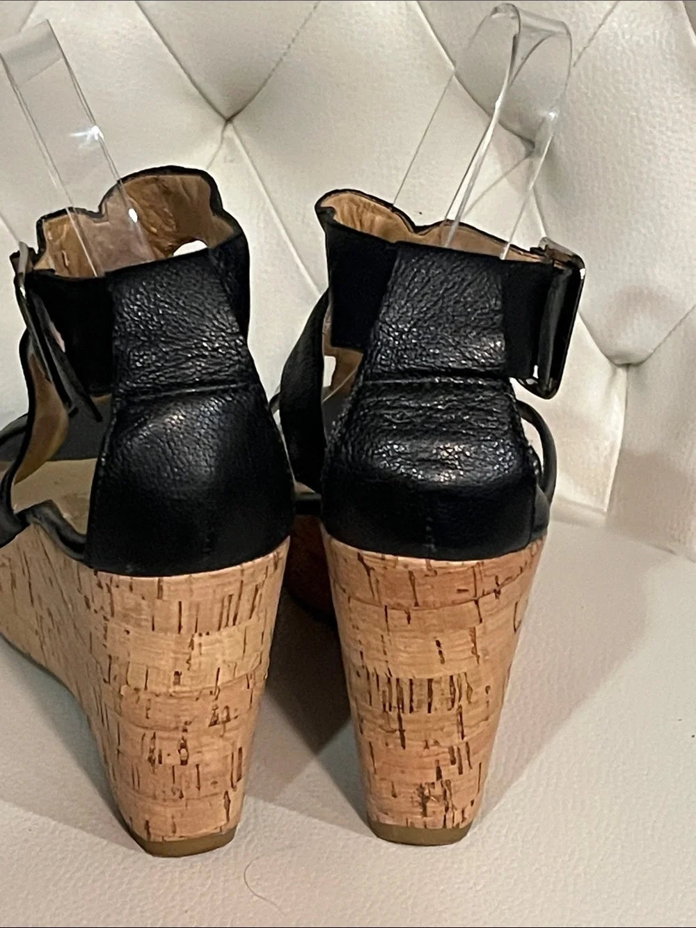 Nine West Black Leather Cork Wedge Sandals Size 8